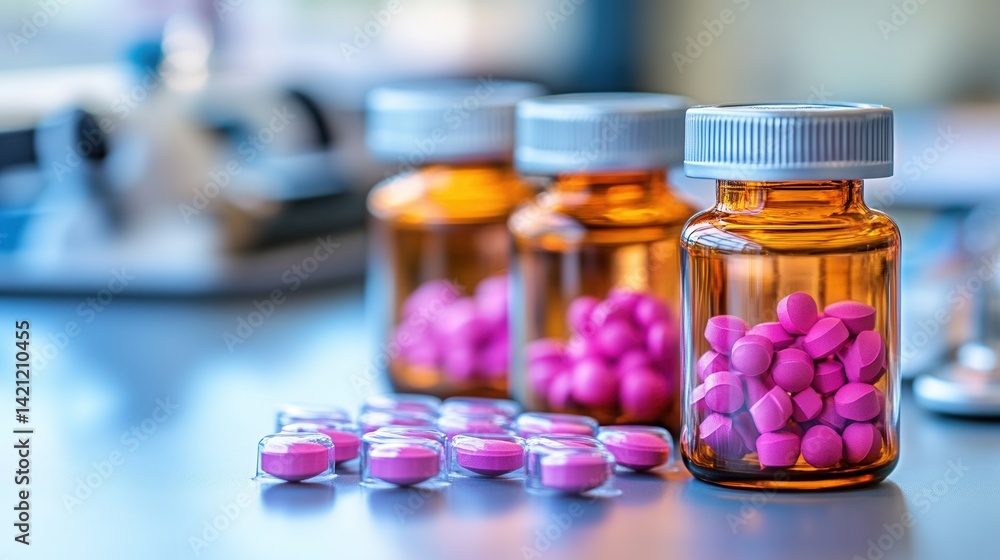Pink pills in amber bottles on a table Pink pills in amber bottles on a table