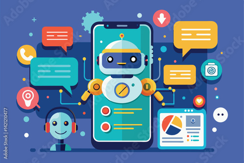 Vibrant illustration depicting AI technology with a chatbot interacting on a smartphone. Symbolizes digital communication, automation, and innovation in modern technology.