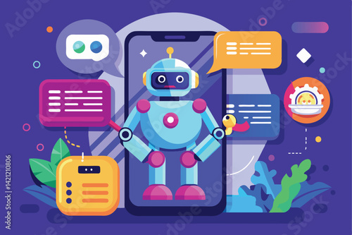 Vibrant vector illustration of a friendly chatbot on a smartphone, surrounded by speech bubbles. Perfect for depicting AI technology, digital communication, and innovation in mobile applications.