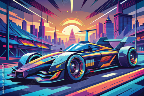 Colorful illustration of a futuristic race car speeding through a vibrant cityscape at sunset, showcasing dynamic motion and sleek design.