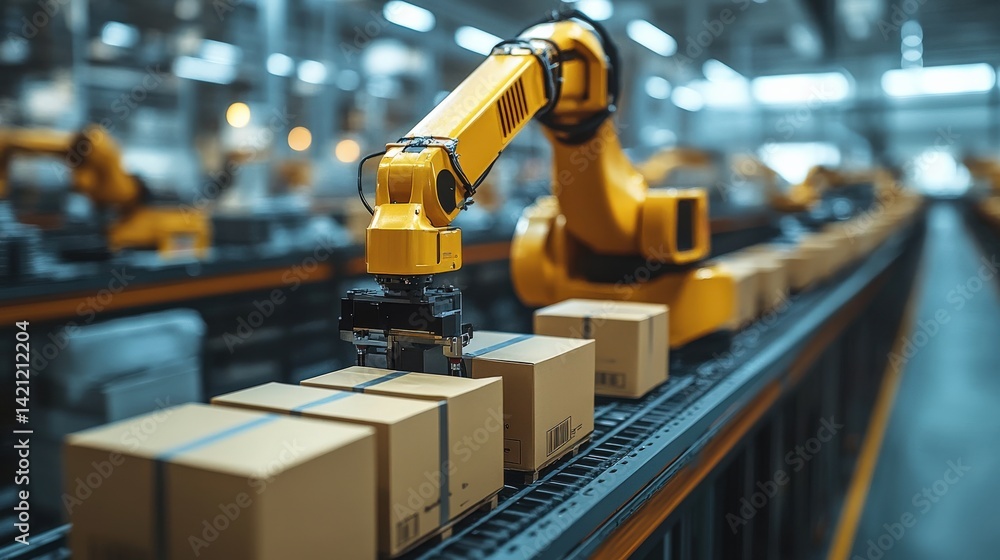 Fototapeta premium Industrial robotic arm efficiently sorting and packaging boxes in a modern warehouse environment
