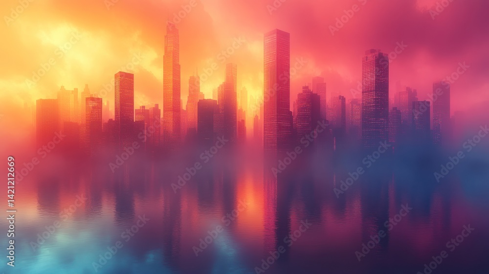 City skyline reflected in vibrant sunset fog City skyline reflected in vibrant sunset fog