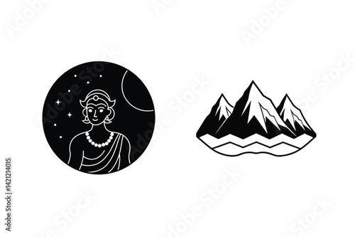 Minimalist Design Featuring Deva Figure And Mountain Range In Black And White
