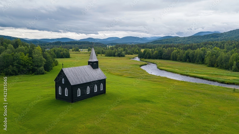Obraz premium Aerial View of a Small Black Church in a Green Field Surrounded by Lush Mountains and a Calm River Landscape