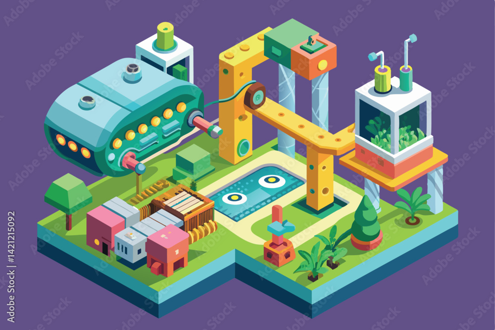 Obraz premium A vibrant isometric illustration of a futuristic factory with a greenhouse. Featuring machinery, greenery, and modern architecture against a purple background.