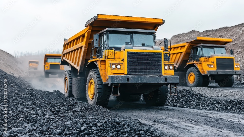 Heavy Dump Trucks Transporting Material on Industrial Road in Quarry Landscape Heavy Dump Trucks Transporting Material on Industrial Road in Quarry Landscape