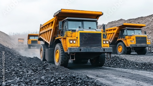 Heavy Dump Trucks Transporting Material on Industrial Road in Quarry Landscape