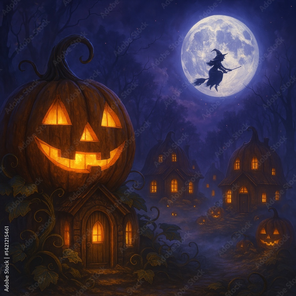 Enchanting Halloween Scene with Witch and Pumpkins Enchanting Halloween Scene with Witch and Pumpkins