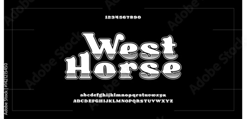 West Horse font of western style cowboy outfit, good for rodeo themes, equestrian sports, county fair, saloon art, country music, black white etc.
