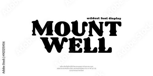 Mountwell Wild West Western alphabet font vector design. Vintage type and typeface of capital and lowercase letters, numbers and punctuation marks, cowboy ranch, old American and Texas 