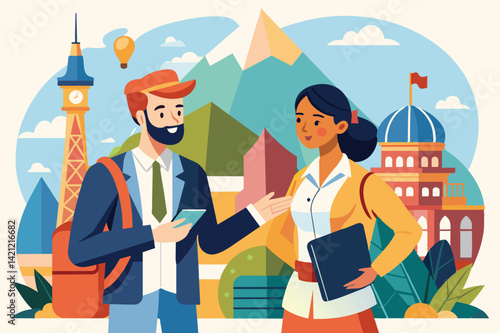 Illustration of two diverse professionals engaged in conversation against an urban landscape background, representing modern business communication and multicultural collaboration.