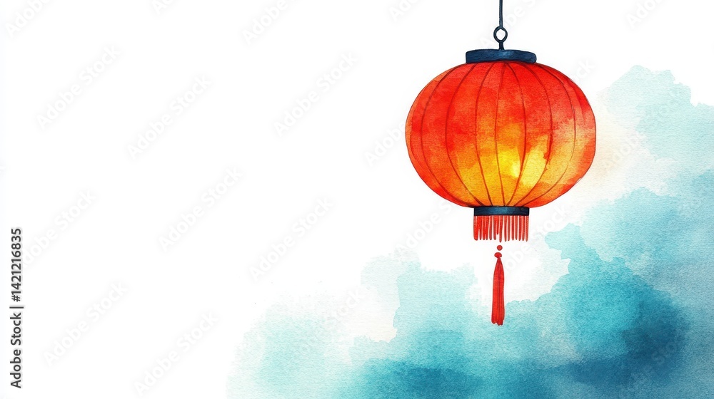 Obraz premium Watercolor illustration of a glowing red Chinese lantern, festive holiday vibe, soft shadows on clean white background