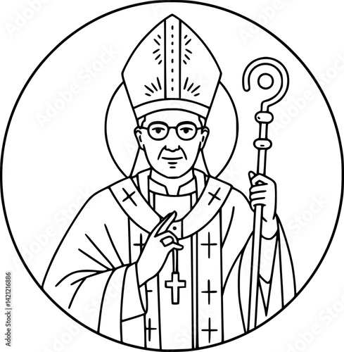 Pope catolic Man Church bishop icon in circle round black color vector illustration image outline contour line thin style
