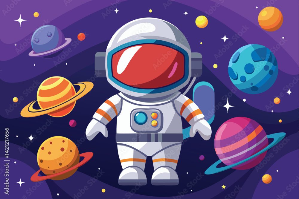 A vibrant illustration of a cartoon astronaut surrounded by colorful planets in a whimsical space setting, evoking adventure and exploration. A vibrant illustration of a cartoon astronaut surrounded by colorful planets in a whimsical space setting, evoking adventure and exploration.