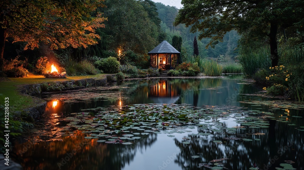 Fototapeta premium Autumn Garden Pond with Lily Pads Reflecting Warm Glow from Fire Pit and Gazebo in Tranquil Forest Setting