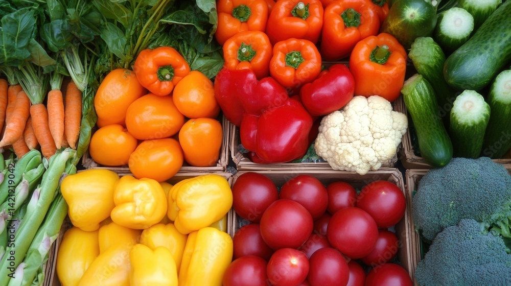 Vibrant display of fresh produce. Colorful vegetables arranged in boxes Vibrant display of fresh produce. Colorful vegetables arranged in boxes