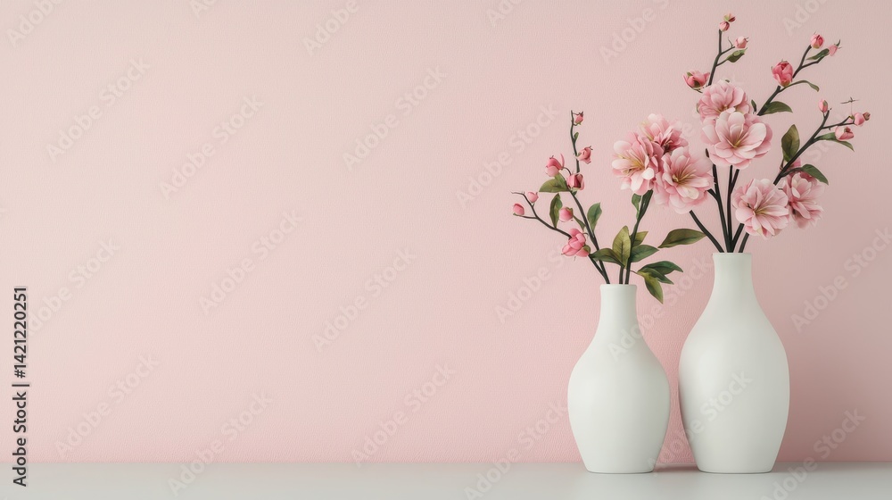 Elegant Design with White Vases and Pink Flowers in Minimalist Room Setting Elegant Design with White Vases and Pink Flowers in Minimalist Room Setting
