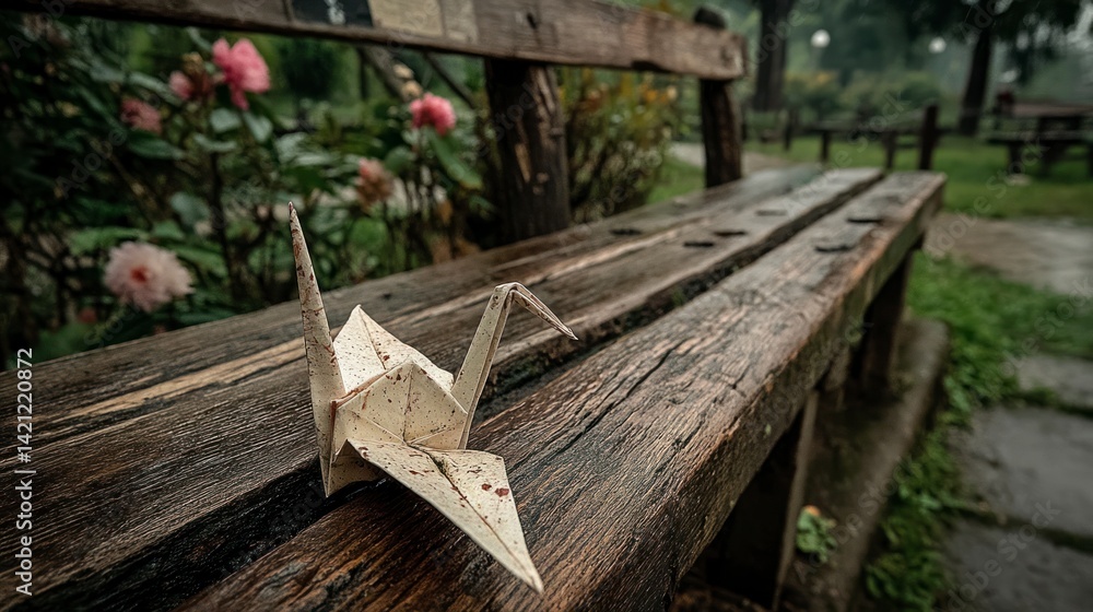 Fototapeta premium Origami Crane on a Weathered Wooden Bench in a Garden