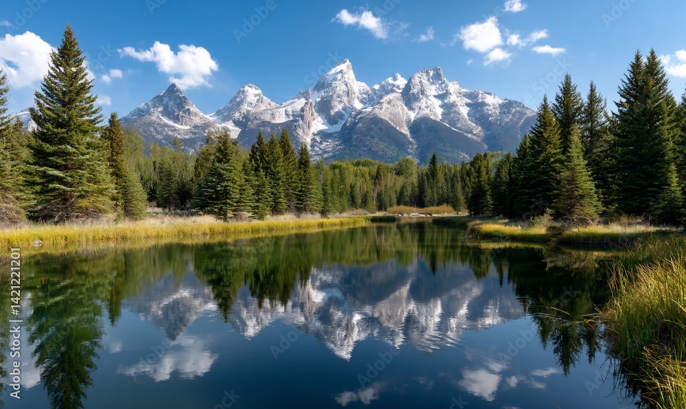 Majestic mountains reflected in a tranquil lake. Lush forest surrounds the serene scene Majestic mountains reflected in a tranquil lake. Lush forest surrounds the serene scene