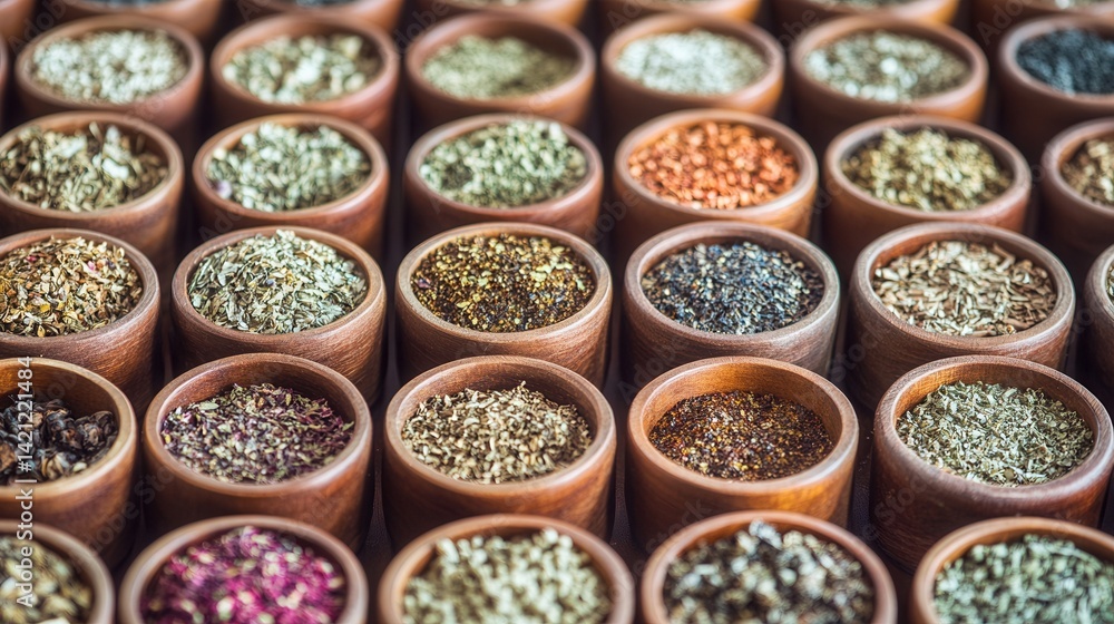Wooden bowls filled with various dried herbs and spices Wooden bowls filled with various dried herbs and spices