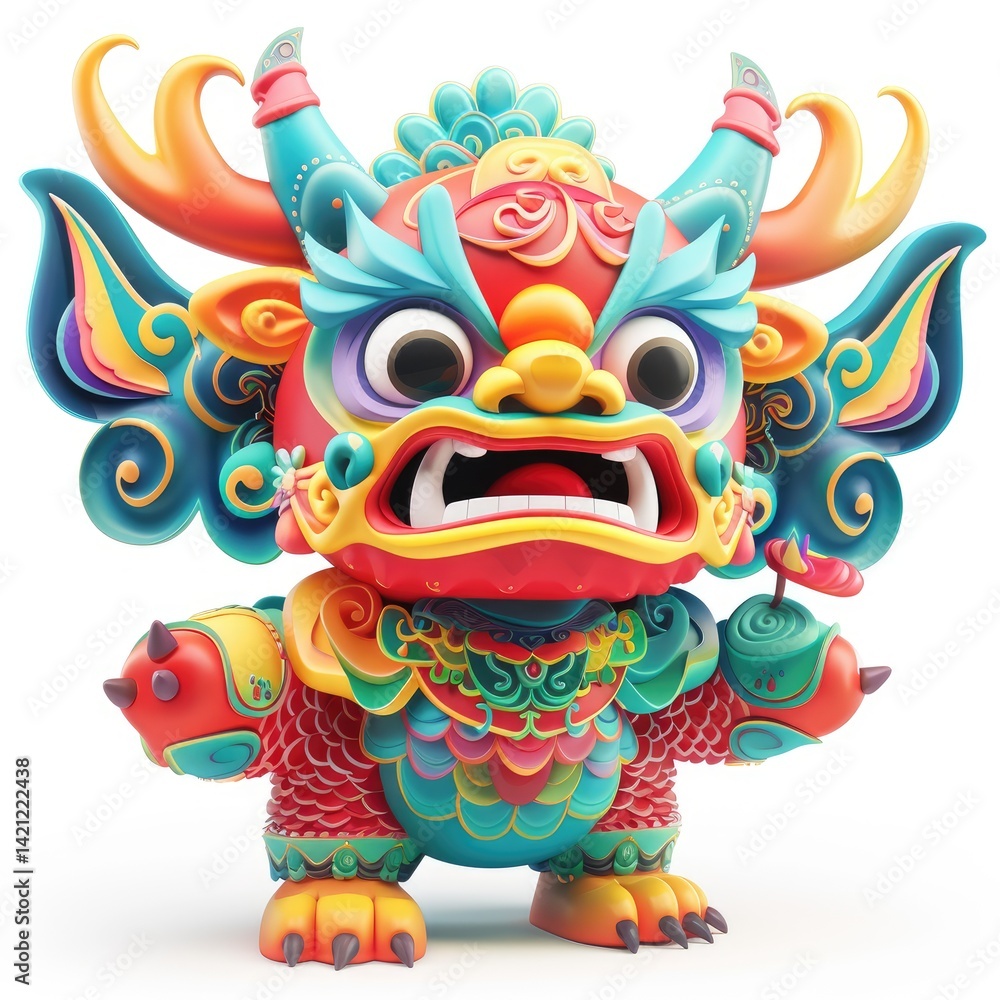 Colorful, stylized chinese guardian figure, rendered in 3d. Colorful, stylized chinese guardian figure, rendered in 3d.