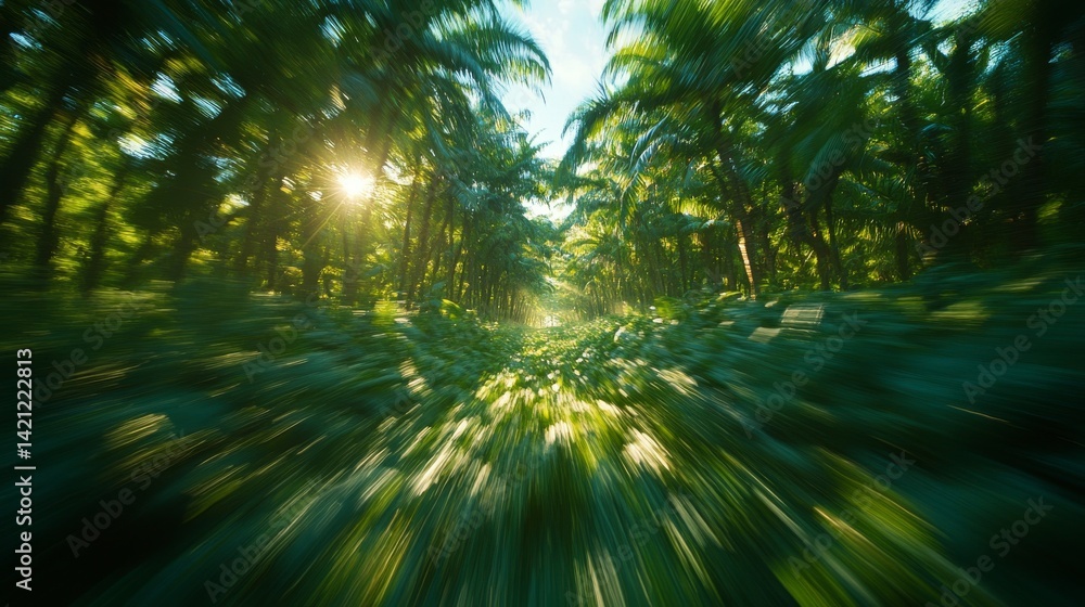 Obraz premium Sun-Drenched Majesty: A Dynamic Perspective of a Lush Equatorial Rainforest Canopy with Streaking Light and Blurred Motion