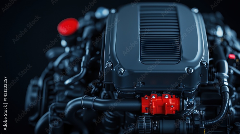 Close-Up of a Modern Car Engine with Glossy Black Finish and Bright Red Accents for Automotive Enthusiasts Close-Up of a Modern Car Engine with Glossy Black Finish and Bright Red Accents for Automotive Enthusiasts