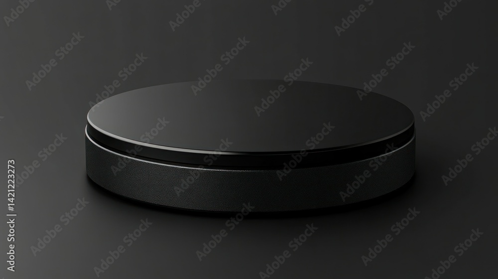 Sleek, black, round, display podium. A glossy, circular, dark gray, empty platform for showcasing products Sleek, black, round, display podium. A glossy, circular, dark gray, empty platform for showcasing products