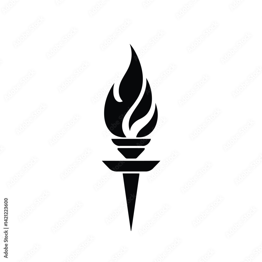 A minimalistic black silhouette flame torch logo icon, vector style, geometric shapes, clean lines, centered on a white background, bold branding, emphasizing balance and symmetry
