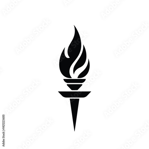 A minimalistic black silhouette flame torch logo icon, vector style, geometric shapes, clean lines, centered on a white background, bold branding, emphasizing balance and symmetry