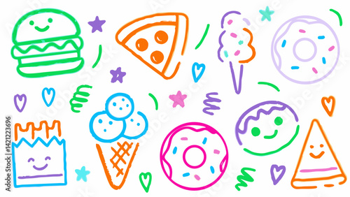 Crayon doodles of fun food items like burger, pizza, fries, ice cream, and donuts, Food doodle vector pack, Hand-drawn snack icons, Fun food sketches, Crayon food elements