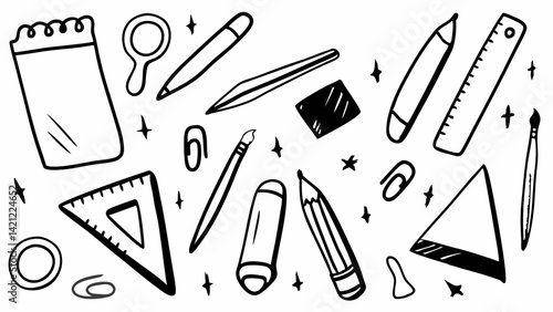 School doodle icons, Hand-drawn stationery set, Sketch school supplies vector, Classroom scribble elements,  Scribble doodles of school supplies like pencils, erasers, rulers, and paper clips