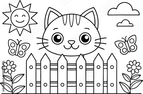 Cartoon with Cat, Sun, Butterflies, Flowers, Clouds, and Fence Line Art