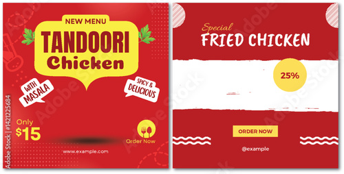 Enticing Food Promo: Tandoori and Fried Chicken Specials on Bright Red Backdrop