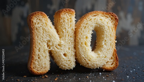 , The idea of dieting and avoiding bad carbohydrates, gluten, or sugar is symbolized by a close-up of toasted bread slices stacked to spell the word no.