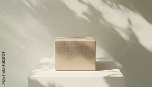 Closed cardboard box with tape in soft natural light and shadows on neutral background
