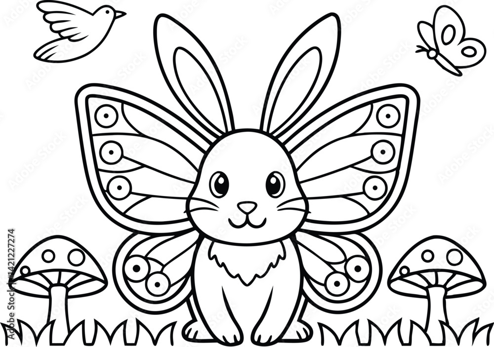 Smiling Rabbit with Butterfly Wings, Mushroom, Bird and Butterfly on White