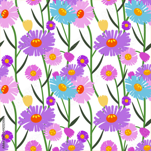 Daisy flower seamless pattern on white background. Featuring blossoms, elaborate nature elements. Perfect for fashion, fabric and wallpaper. Vector and illustration.