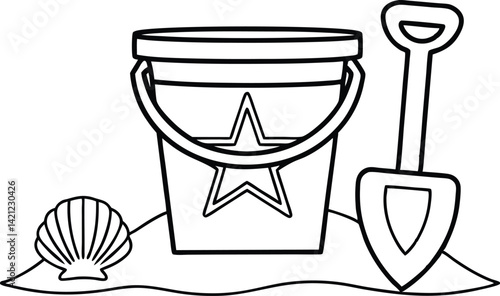 Sand Bucket Outline with Star, Shovel and Seashell on Transparent Background