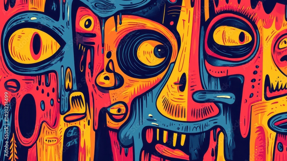 Obraz premium Abstract faces merge in a chaotic colorful illustrative composition