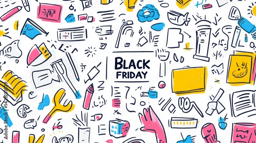 Black friday surrounded by colorful and various doodle icons Black friday surrounded by colorful and various doodle icons