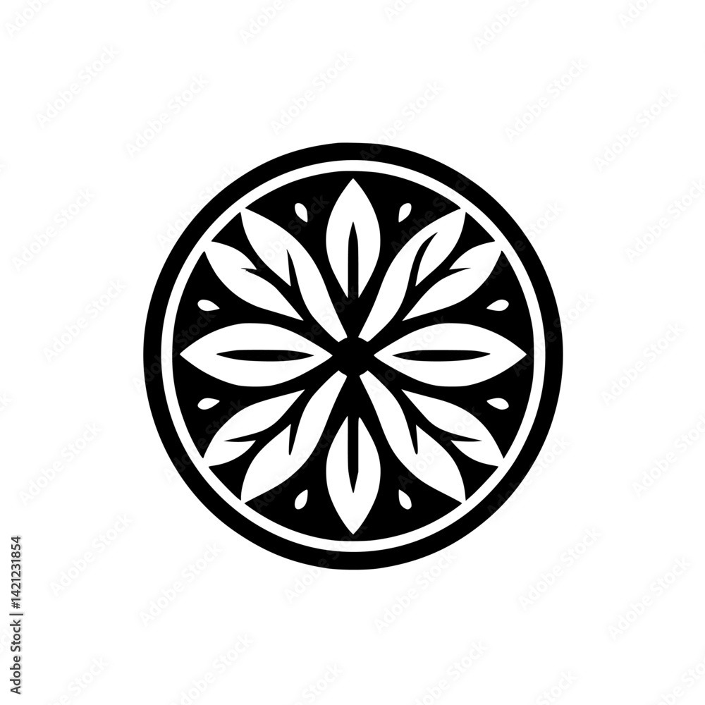 Clean Graphic Circle with Abstract Floral Leaf Motif in Black and White Clean Graphic Circle with Abstract Floral Leaf Motif in Black and White