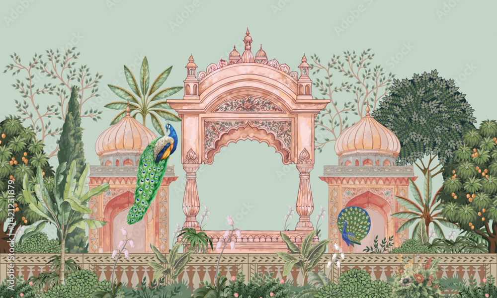 custom made wallpaper toronto digitalMughal forest garden landscape artwork with peacock, parrot, plant and botanical tree seamless pattern illustration