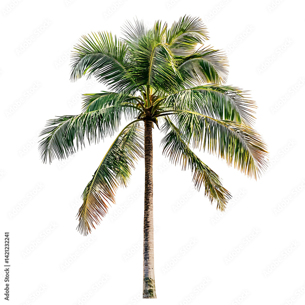 A single tall coconut palm tree with a slender trunk and wide green fronds presented in isolation with high detail and realistic tropical appearance on a transparent background