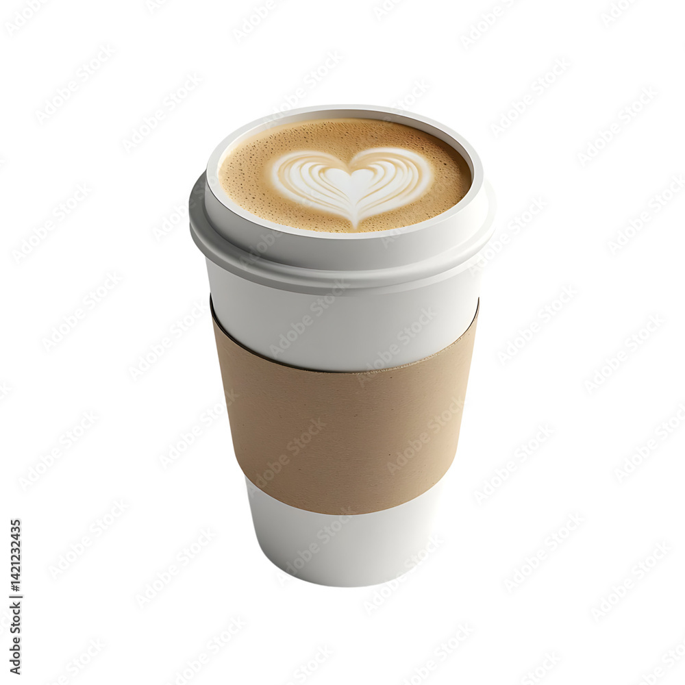 A paper cup filled with creamy latte showcasing floral latte art on top viewed from an angle with a smooth texture and realistic detail on a transparent background