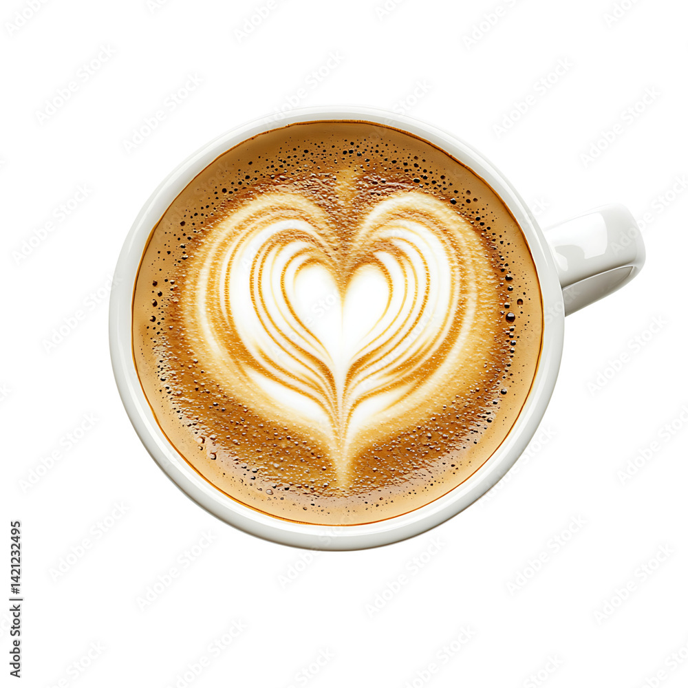 A white ceramic cup filled with latte coffee featuring an artistic heart shaped milk foam design on top photographed from above with a transparent background
