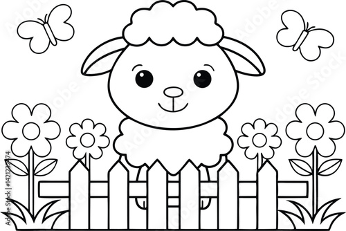 Cute Lamb Near Fence with Flowers and Butterflies Outline on White Background