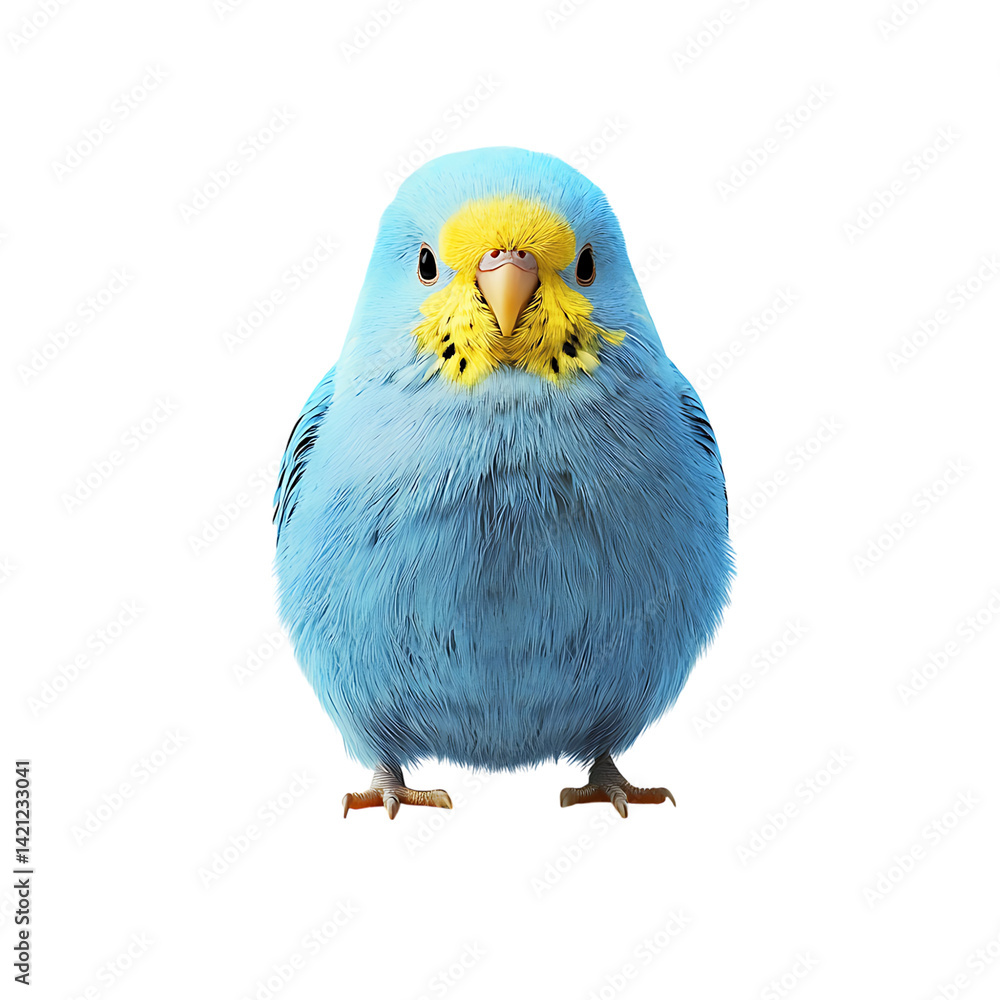 A vibrant blue and yellow budgerigar with intricate feather details perched and facing forward shown clearly against a clean transparent background in high resolution