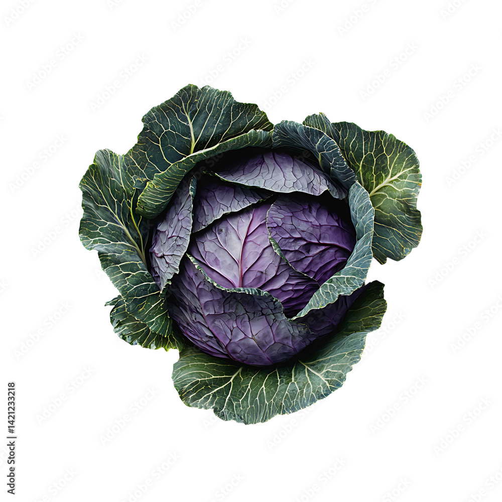 A single whole red cabbage with shiny layered leaves displayed in realistic style and high detail against a white transparent background without shadow