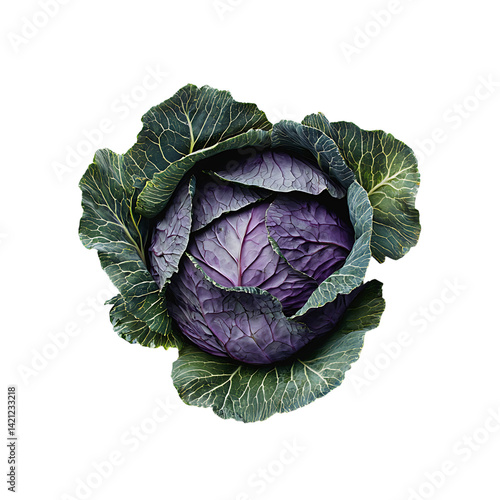 Obraz na płótnie A single whole red cabbage with shiny layered leaves displayed in realistic style and high detail against a white transparent background without shadow w salonie